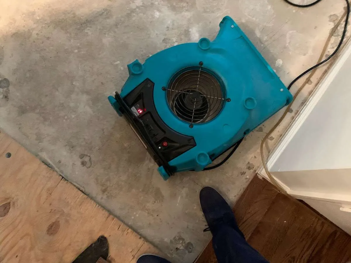 Air mover drying subfloor during Leak Detection & Repair in Cherry Valley